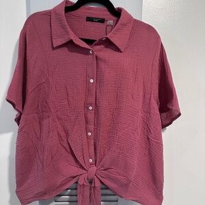 T Tahari Short Sleeve Button Up Gauze Tie Camp Shirt Size 2X NYT